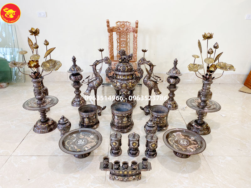 bộ đồ đồng thờ cúng khảm ngũ sắc cao cấp