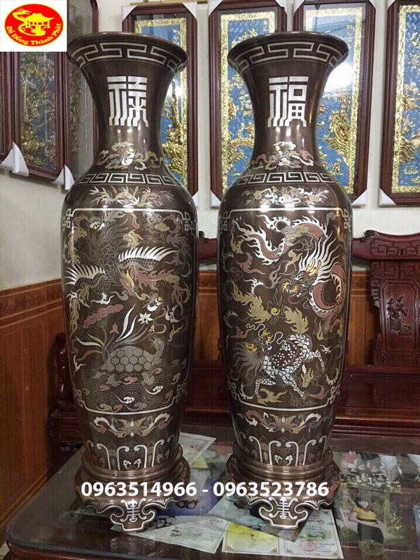 cặp lọ lục bình khẳm ngũ sắc cao 1,27 m khảm tứ linh long lân quy phụng